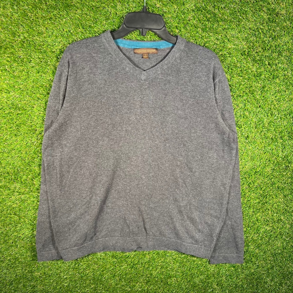 Sebastian Cooper‎ Mens V-Neck Sweater Gray Knit Pullover Large
